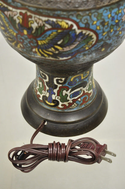 Antique Chinese Cloisonne Blue Porcelain Enamel  Bronze Figural Table Lamp