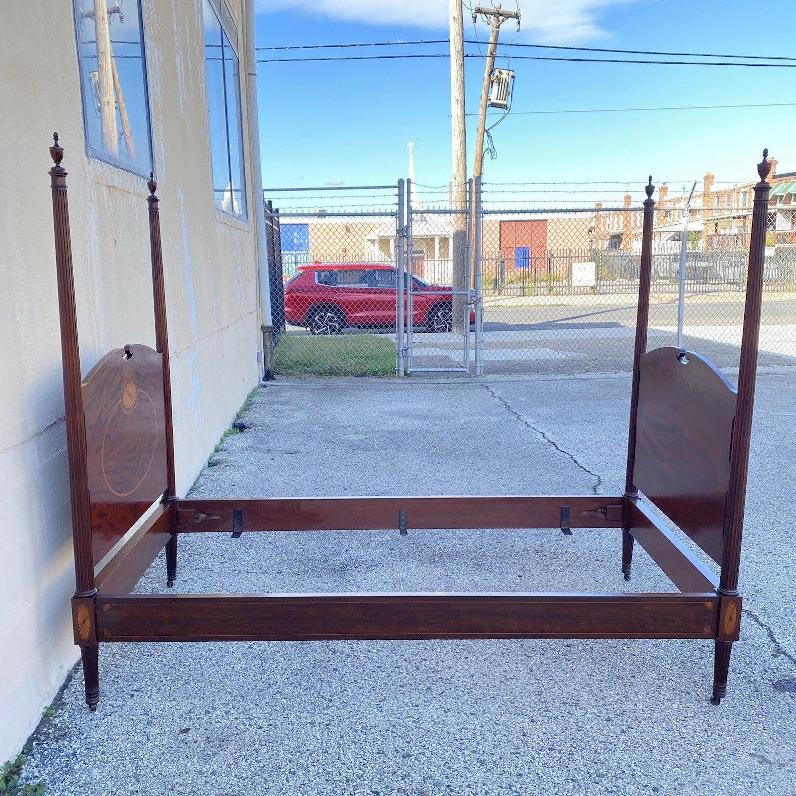 Antique Sheraton Federal Pinwheel Inlay Mahogany 4 Poster Twin Bed Frame - Pair