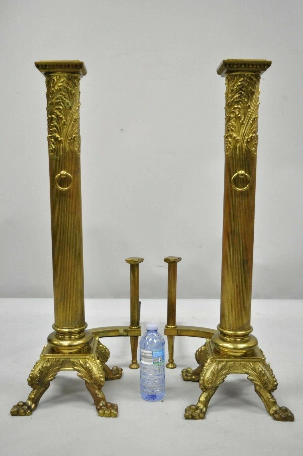 19th C. French Empire Bronze Large 32" Paw Foot Column Fireplace Andirons - Pair