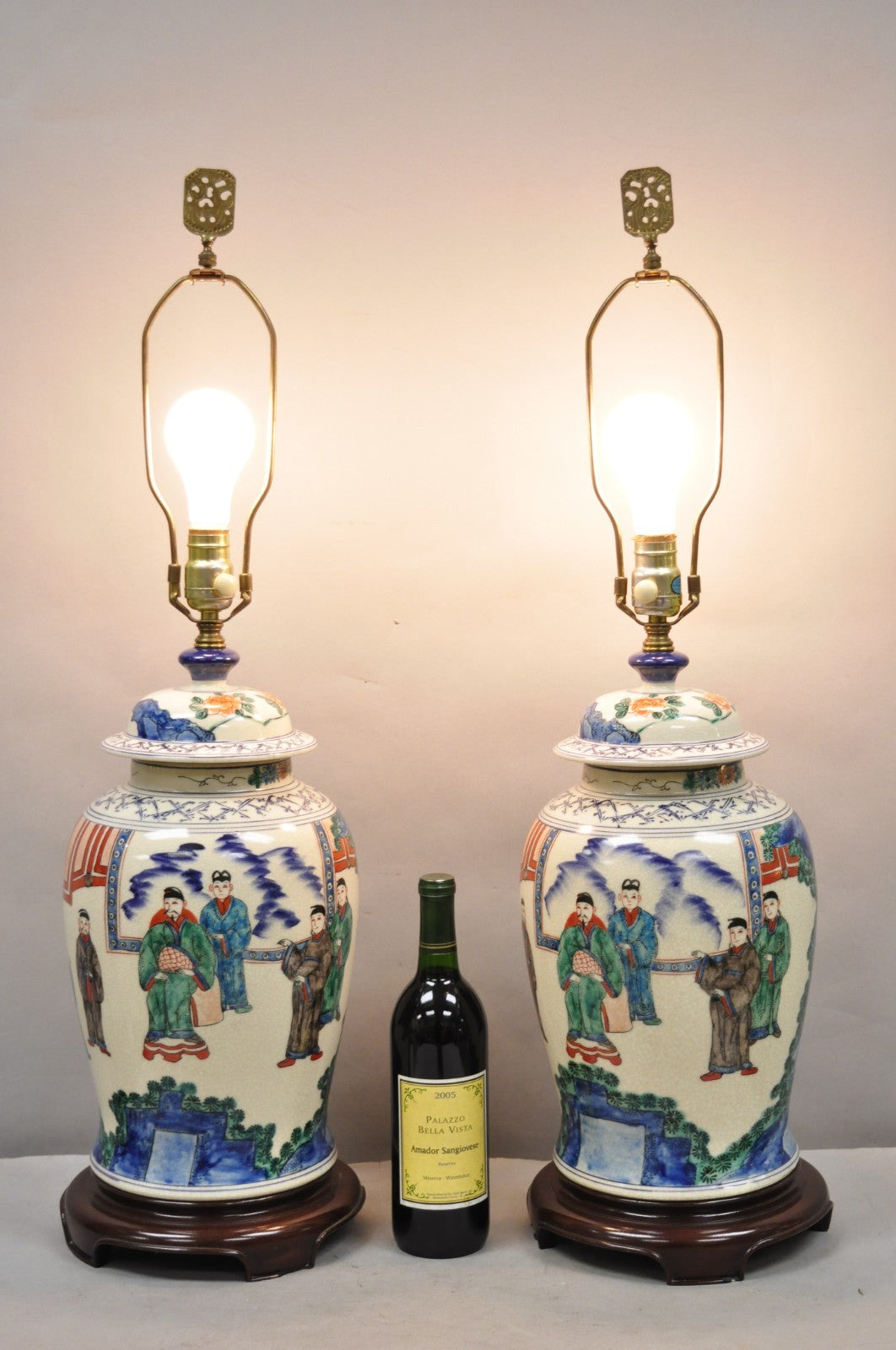 Vintage Chinoiserie Oriental Oatmeal Ginger Jar Ceramic Table Lamps - a Pair