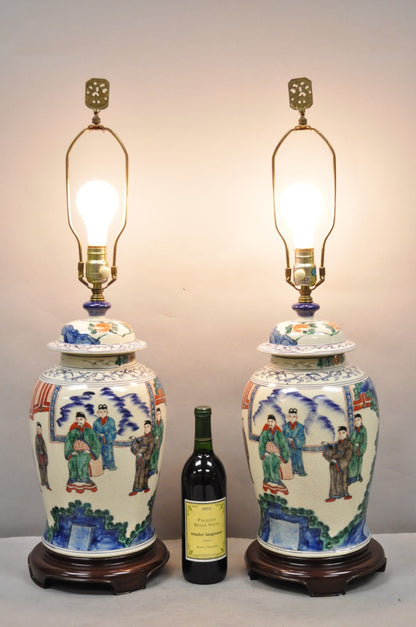 Vintage Chinoiserie Oriental Oatmeal Ginger Jar Ceramic Table Lamps - a Pair