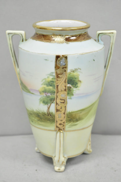 Antique Nippon Hand Painted Porcelain Twin Handled Vase w/ Swan & Lake Scene