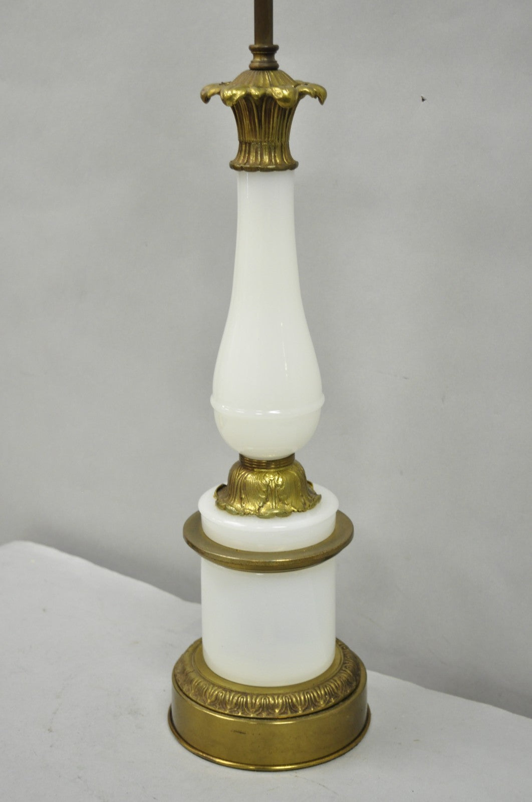 Vintage French Neoclassical Style White Opaline Glass Column Brass Table Lamp