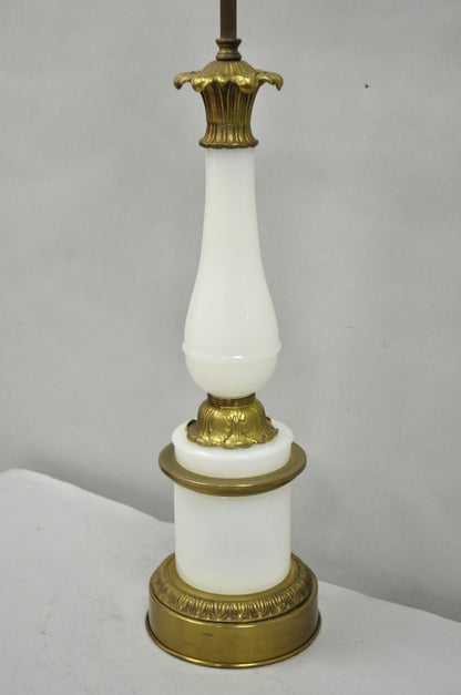 Vintage French Neoclassical Style White Opaline Glass Column Brass Table Lamp