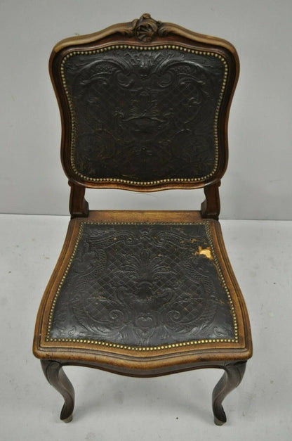 Antique French Louis XV Style Brown Embossed Leather Walnut Dining Side Chair A
