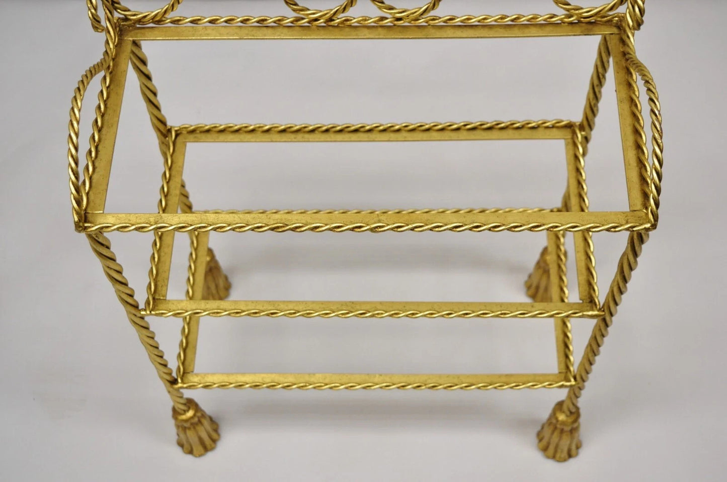 Italian Hollywood Regency Gold Gilt Iron 3 Tier Shelf Small Display Stand (A)