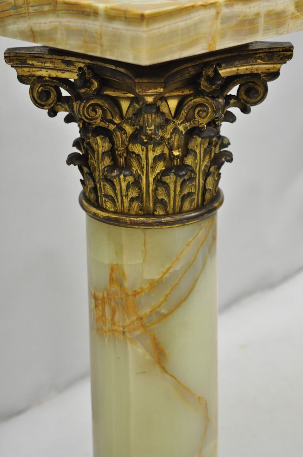 Antique French Empire Bronze Classical Corinthian Column Green Onyx 30" Pedestal