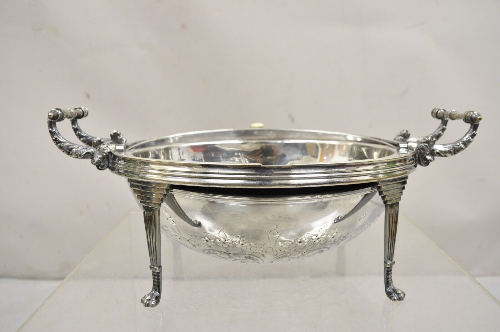 Antique Edwardian Silver Plated Revolving Dome Oval Chafing Dish Food Warmer
