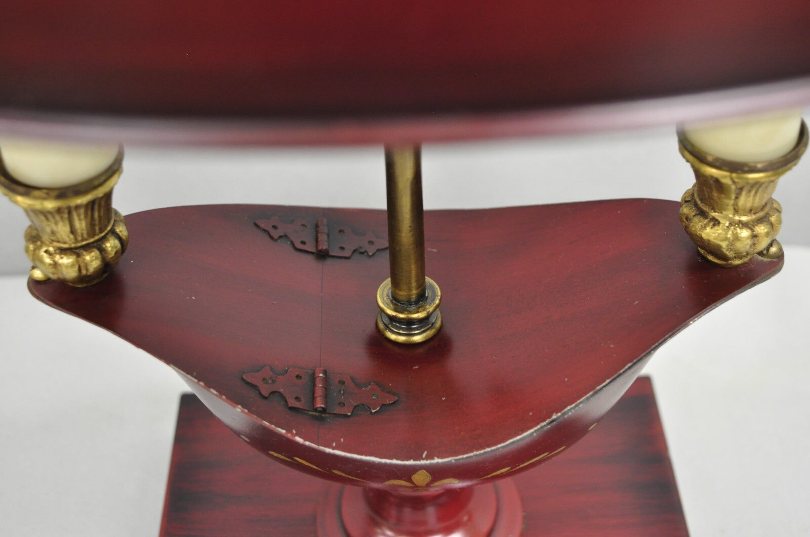 Vintage French Empire Red Painted Tole Metal Bouillotte Desk Table Lamp w/ Shade