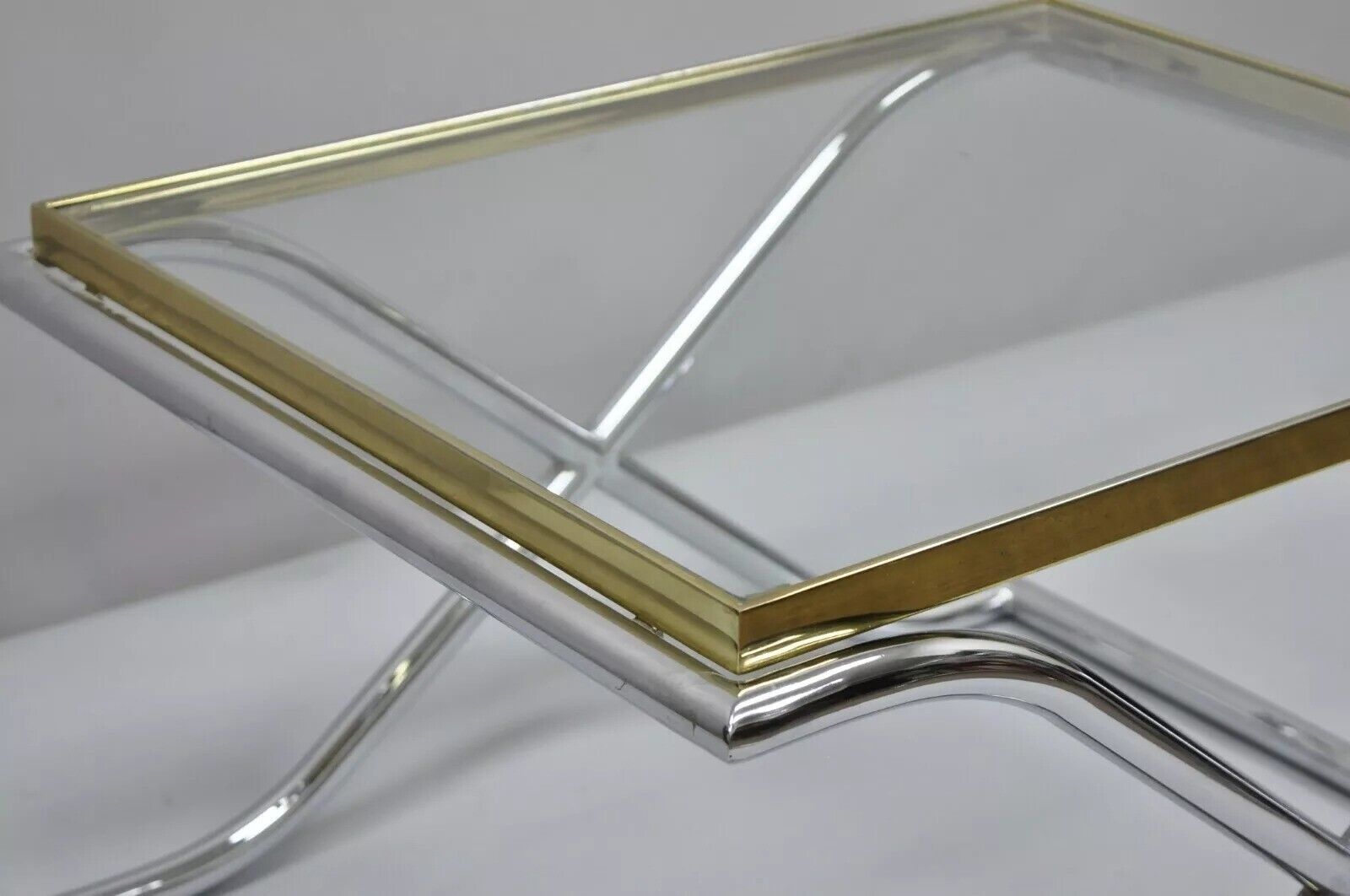 Vintage Hollywood Regency X-Frame Chrome Brass & Glass Small Coffee Table