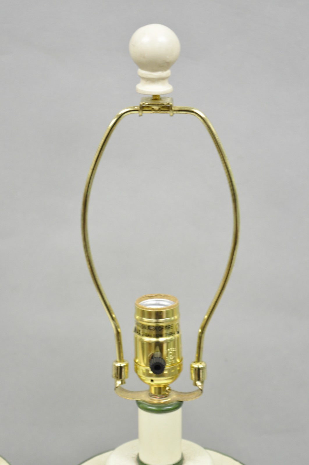 French Country Cream & Green Distressed Tole Metal Cylinder Table Lamps - a Pair