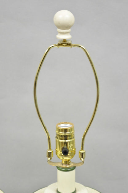 French Country Cream & Green Distressed Tole Metal Cylinder Table Lamps - a Pair