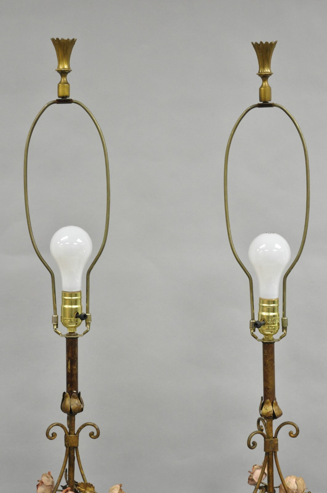 Italian Hollywood Regency Gold Gilt Iron Metal Pink Rose Tall Table Lamps Pair