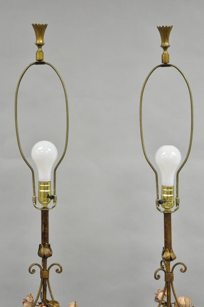 Italian Hollywood Regency Gold Gilt Iron Metal Pink Rose Tall Table Lamps Pair