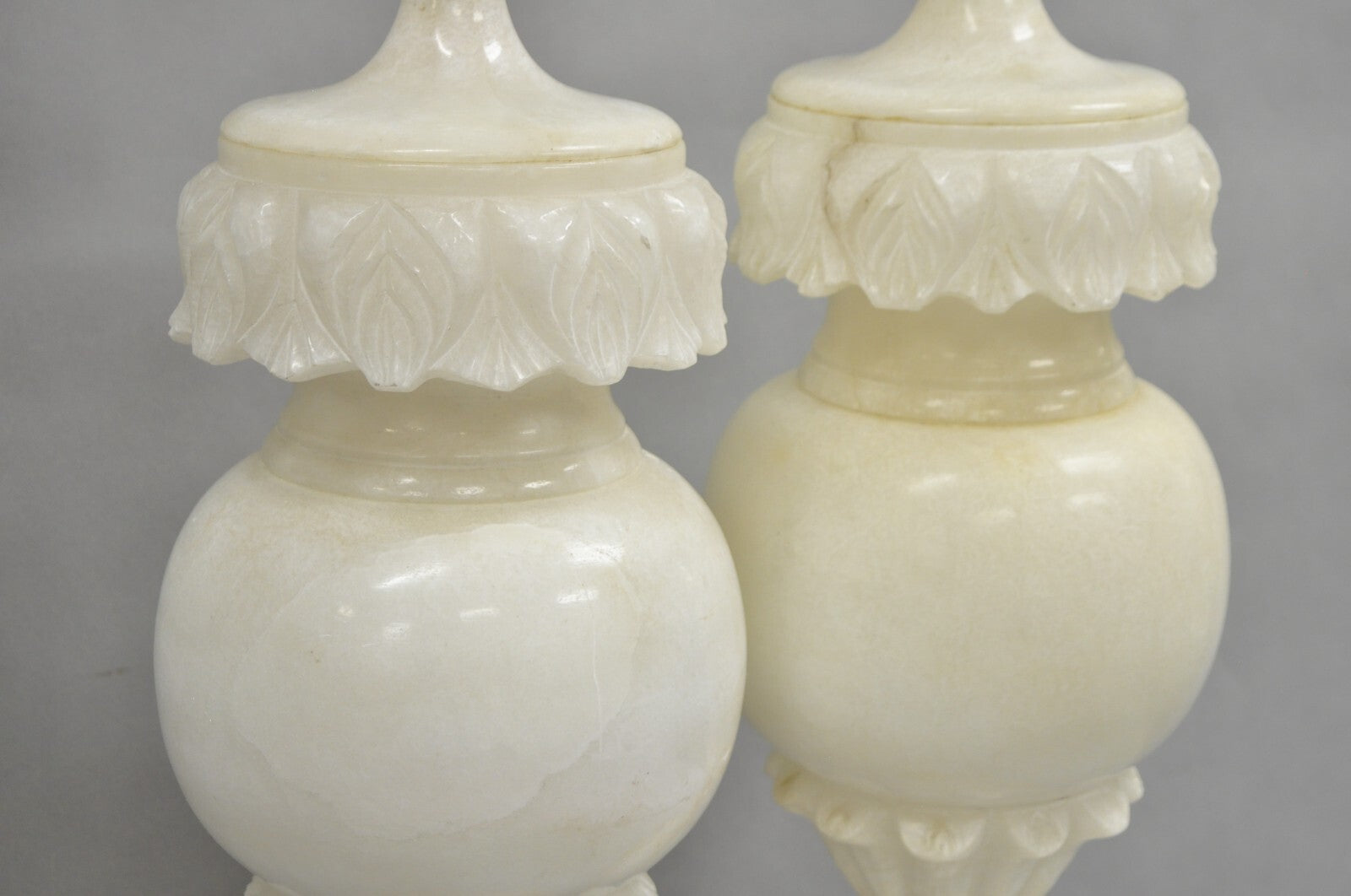 Neoclassical Large Carved Solid Alabaster Marble Leaf Bulbous Table Lamps Pair