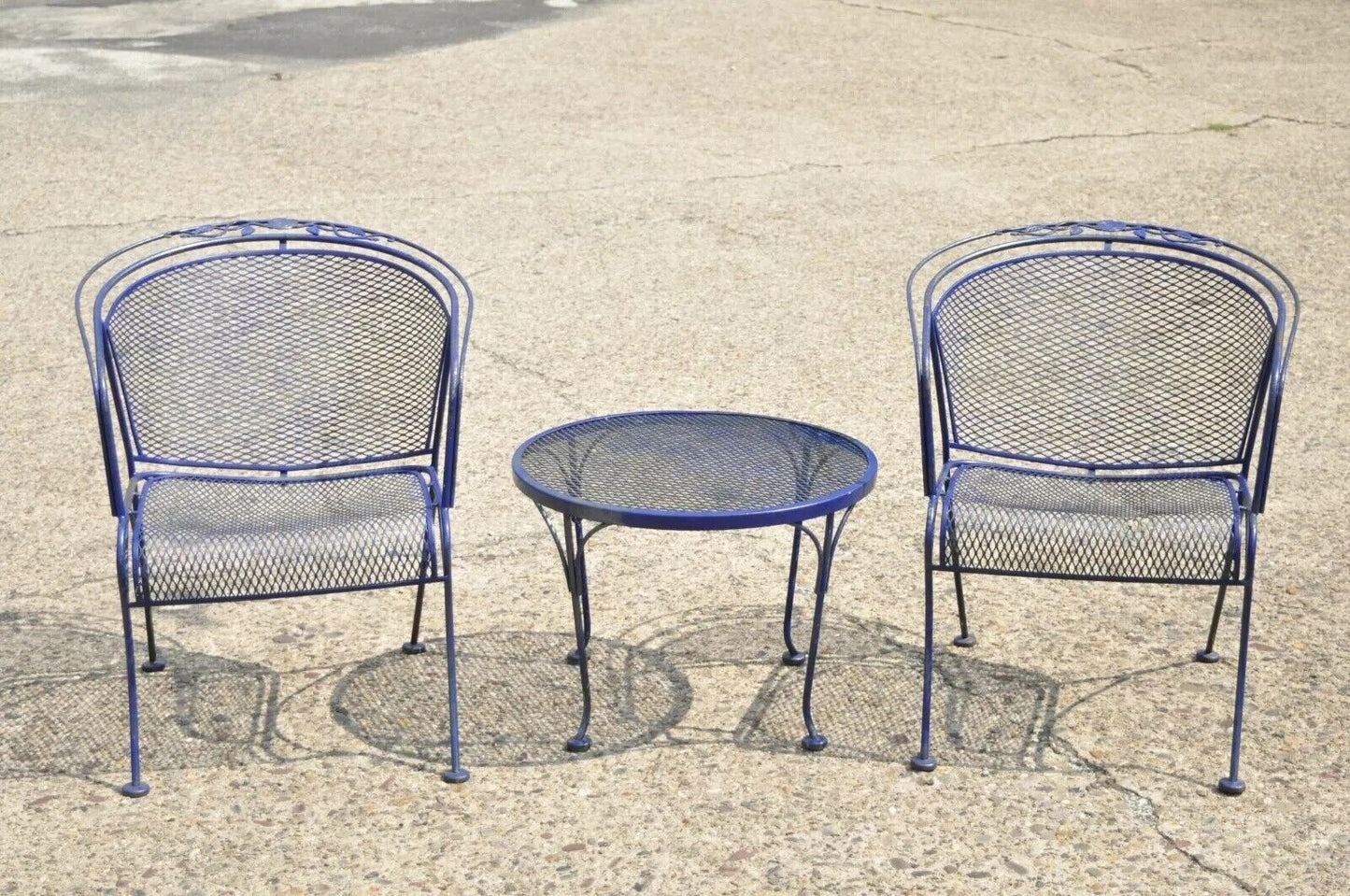 Woodard Rose Pattern Blue Wrought Iron Barrel Back Garden Chair Table - 3 Pc Set