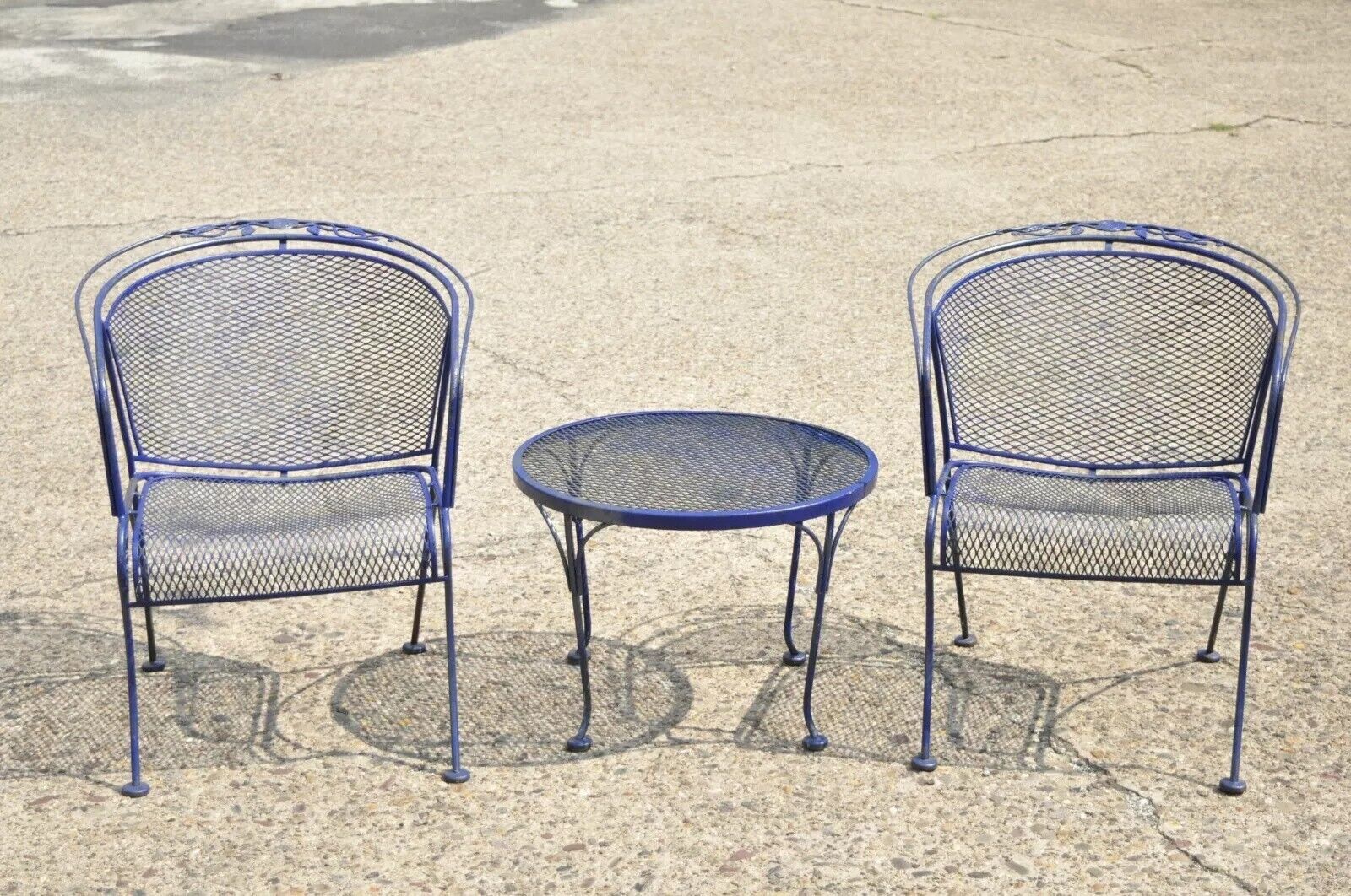 Woodard Rose Pattern Blue Wrought Iron Barrel Back Garden Chair Table - 3 Pc Set