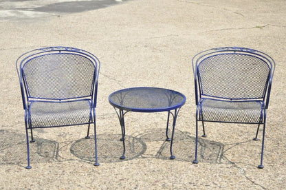 Woodard Rose Pattern Blue Wrought Iron Barrel Back Garden Chair Table - 3 Pc Set