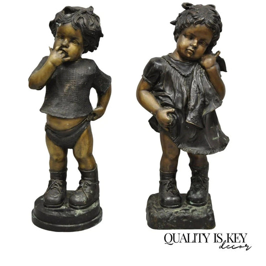 Victorian Style Cast Bronze 29" Little Boy and Girl Statue Figure - a Pair