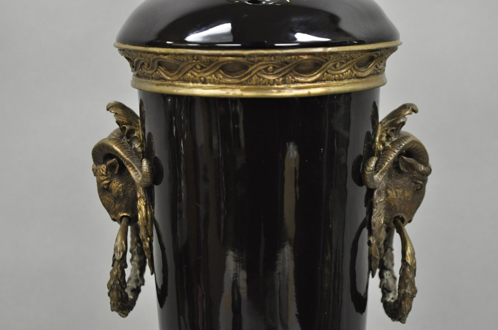 Vintage French Neoclassical Black Porcelain Urn Form Table Lamp w/Bronze Rams