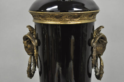 Vintage French Neoclassical Black Porcelain Urn Form Table Lamp w/Bronze Rams
