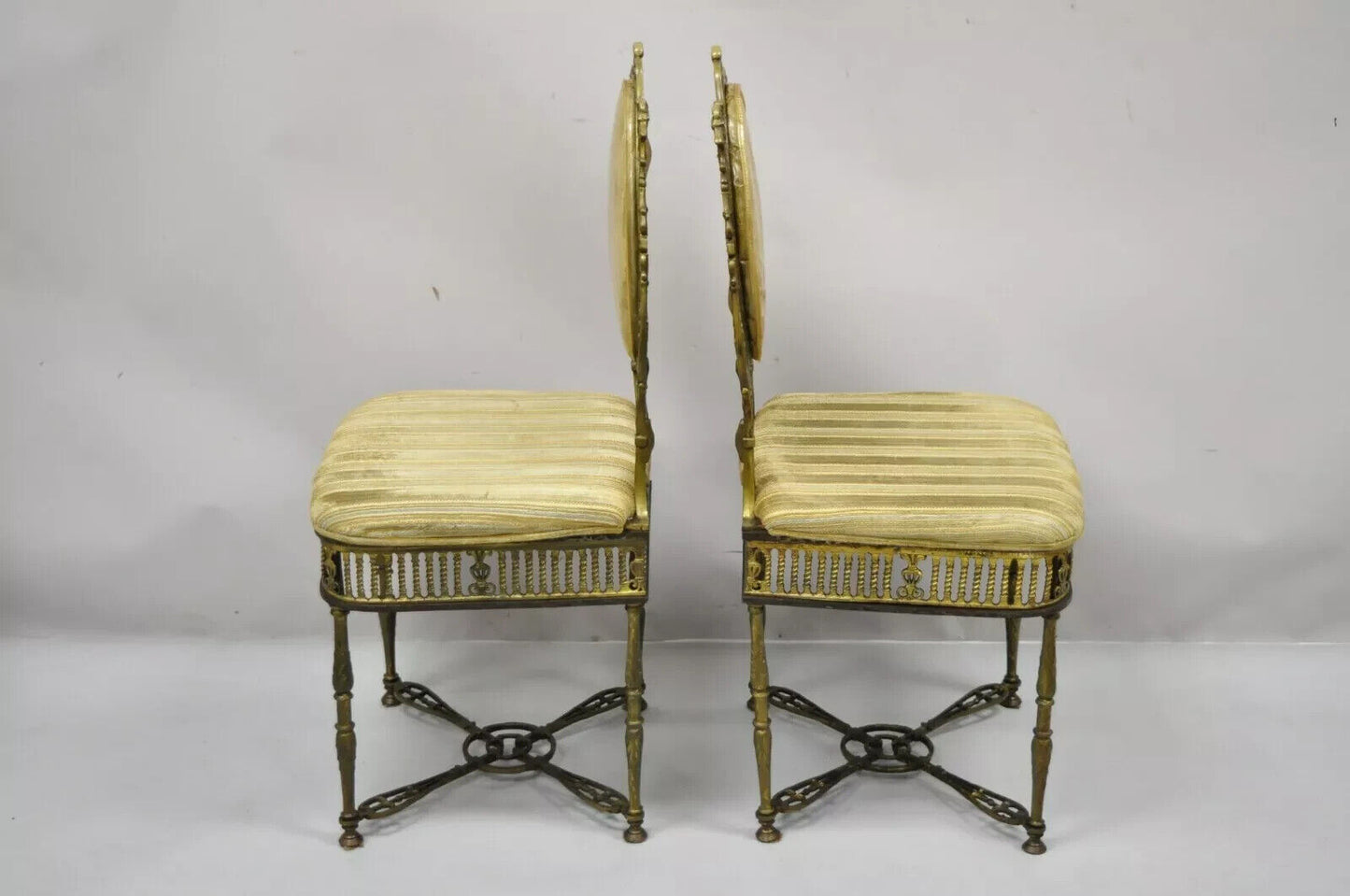 Antique Victorian Bronze Brass Oscar Bach Style Parlor Salon Side Chairs - Pair