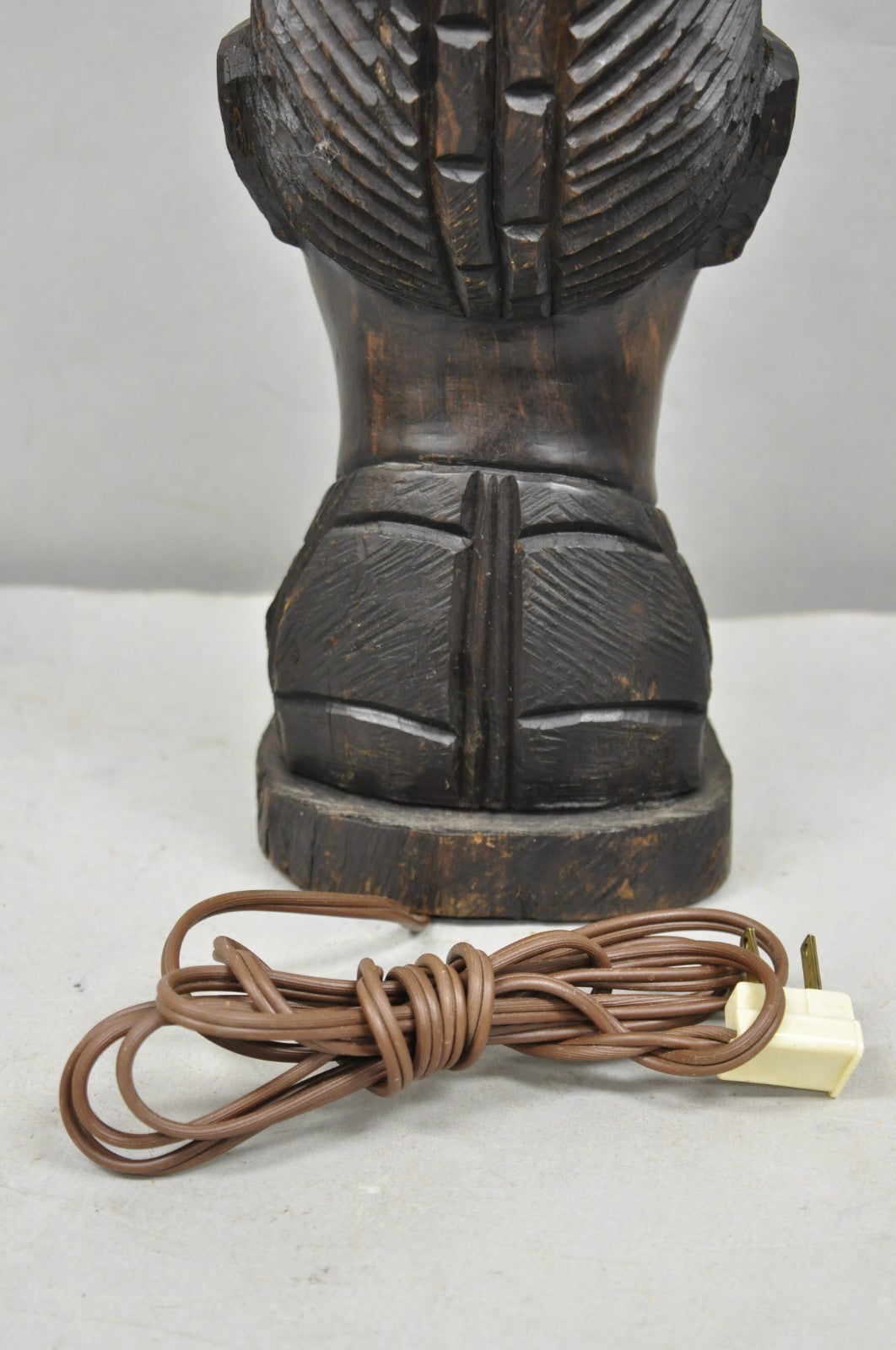 Vintage African Primitive Carved Ebony Wood Benin Bust Head Sculpture Table Lamp