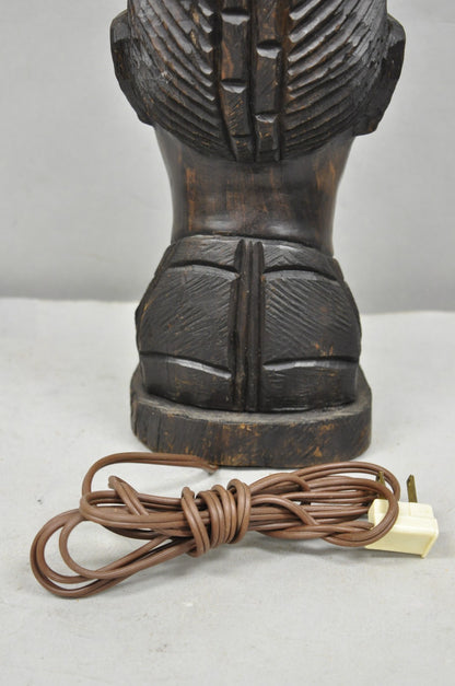 Vintage African Primitive Carved Ebony Wood Benin Bust Head Sculpture Table Lamp