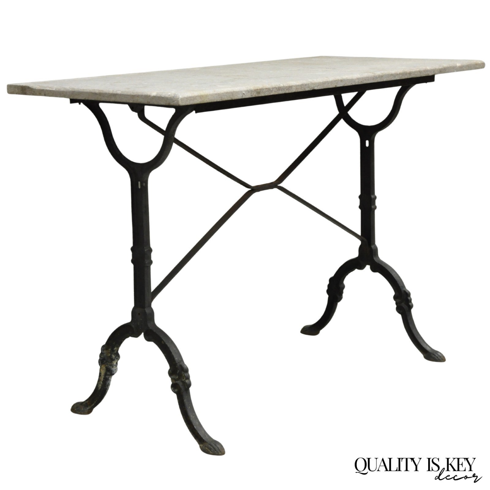 Antique French Victorian Cast Iron Pastry Table Base Marble Top Console Table