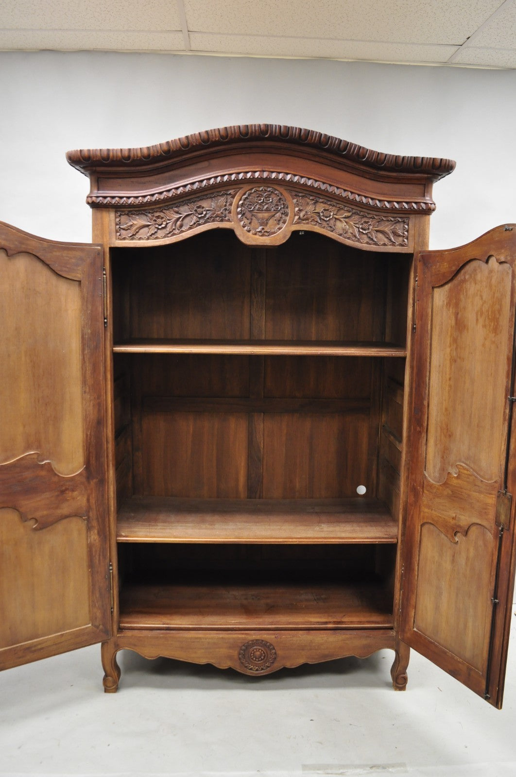 French Country Normandy France Carved Walnut Large Wardrobe Armoire Cabinet