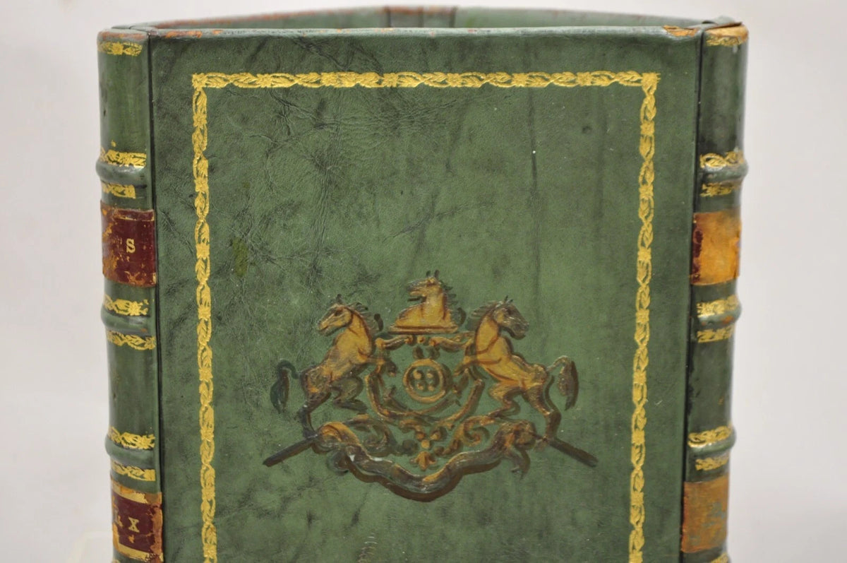 Vintage Italian Regency Green Leather Triangular Book Form Wastebasket Trash Can
