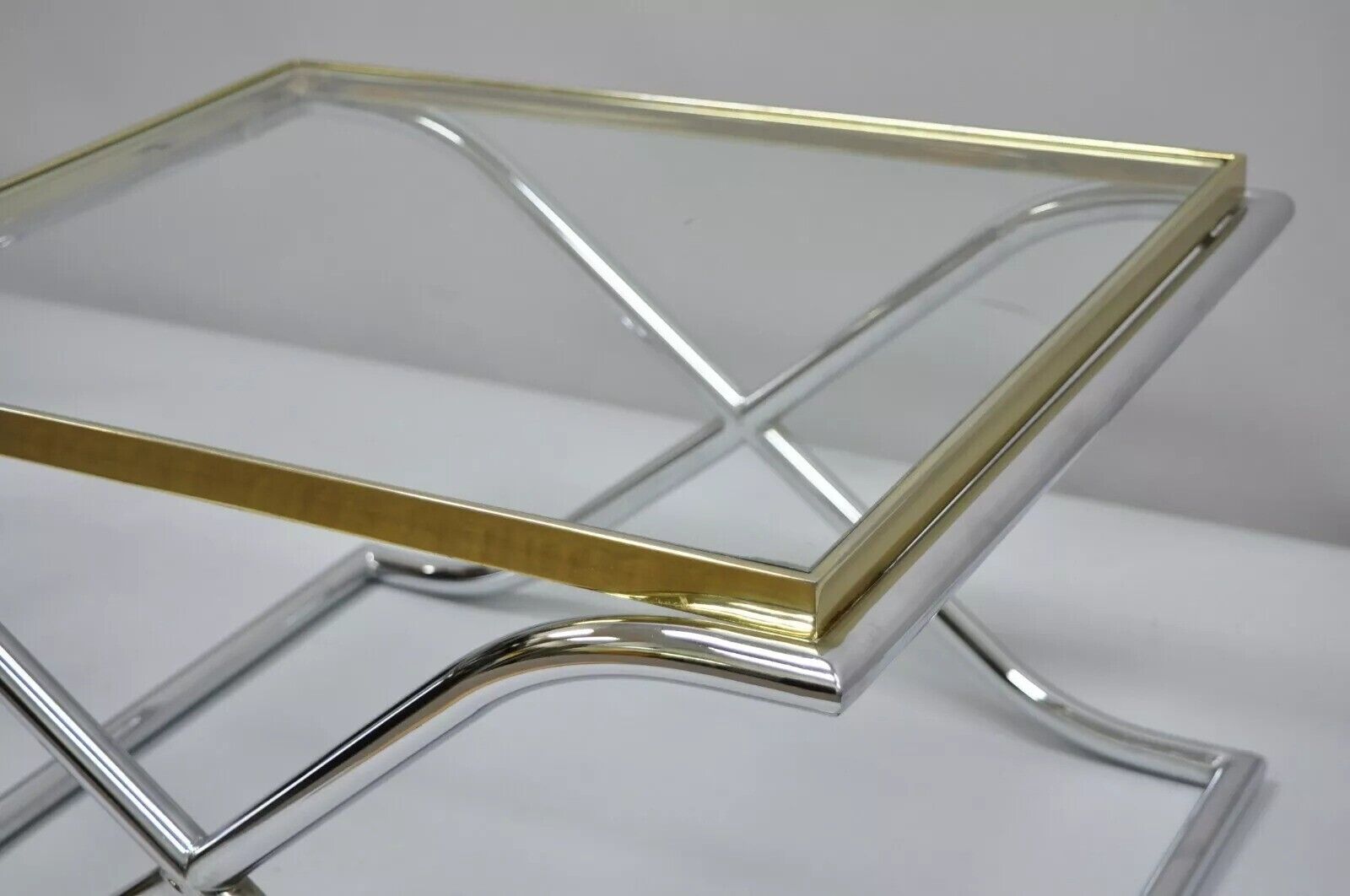 Vintage Hollywood Regency X-Frame Chrome Brass & Glass Small Coffee Table
