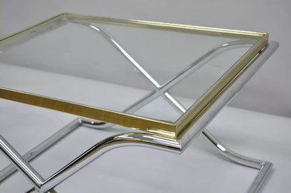Vintage Hollywood Regency X-Frame Chrome Brass & Glass Small Coffee Table