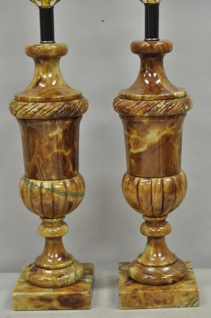 Vintage French Empire Style Polished Brown Marble Urn Form Table Lamps - a Pair