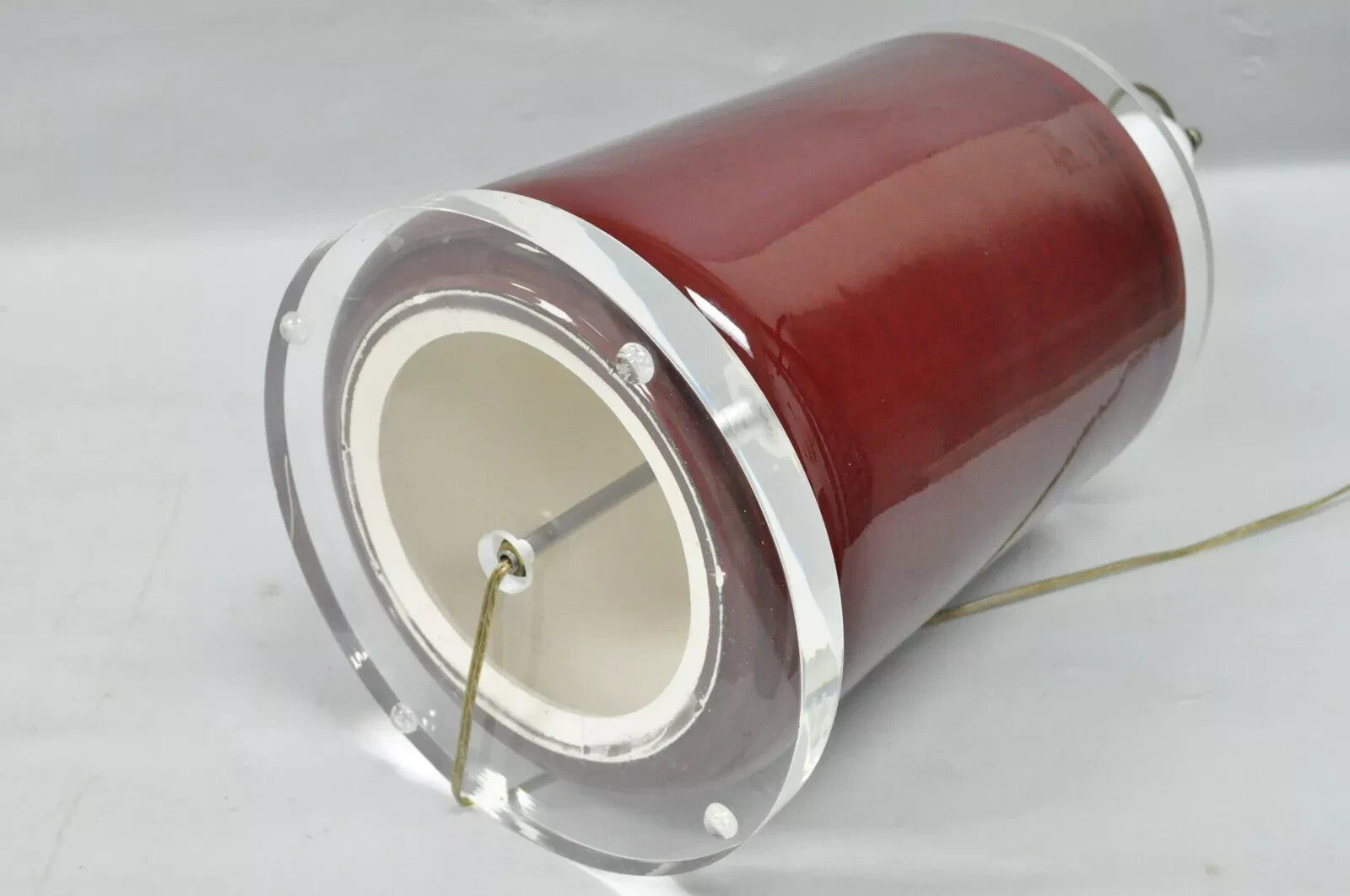 Vintage Mid Century Modern Red Ceramic Cylinder & Lucite Modernist Table Lamp