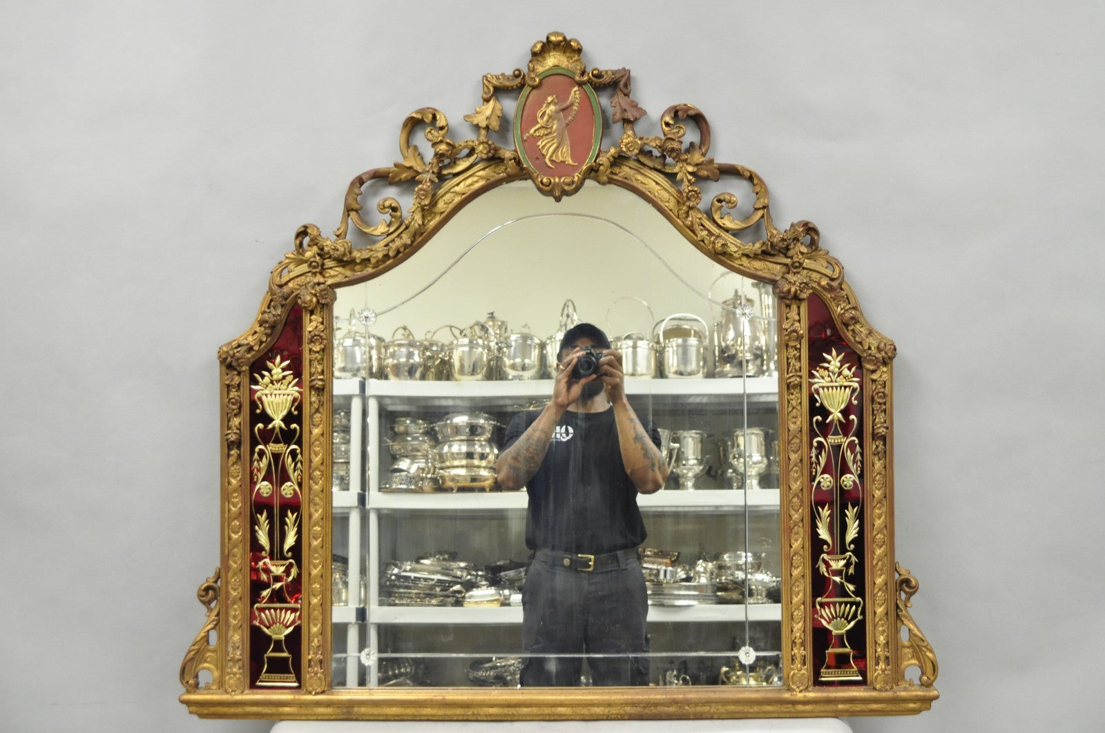 Antique French Neoclassical Baroque Gold Gilt Gesso Red Glass Frame Wall Mirror