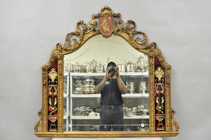 Antique French Neoclassical Baroque Gold Gilt Gesso Red Glass Frame Wall Mirror