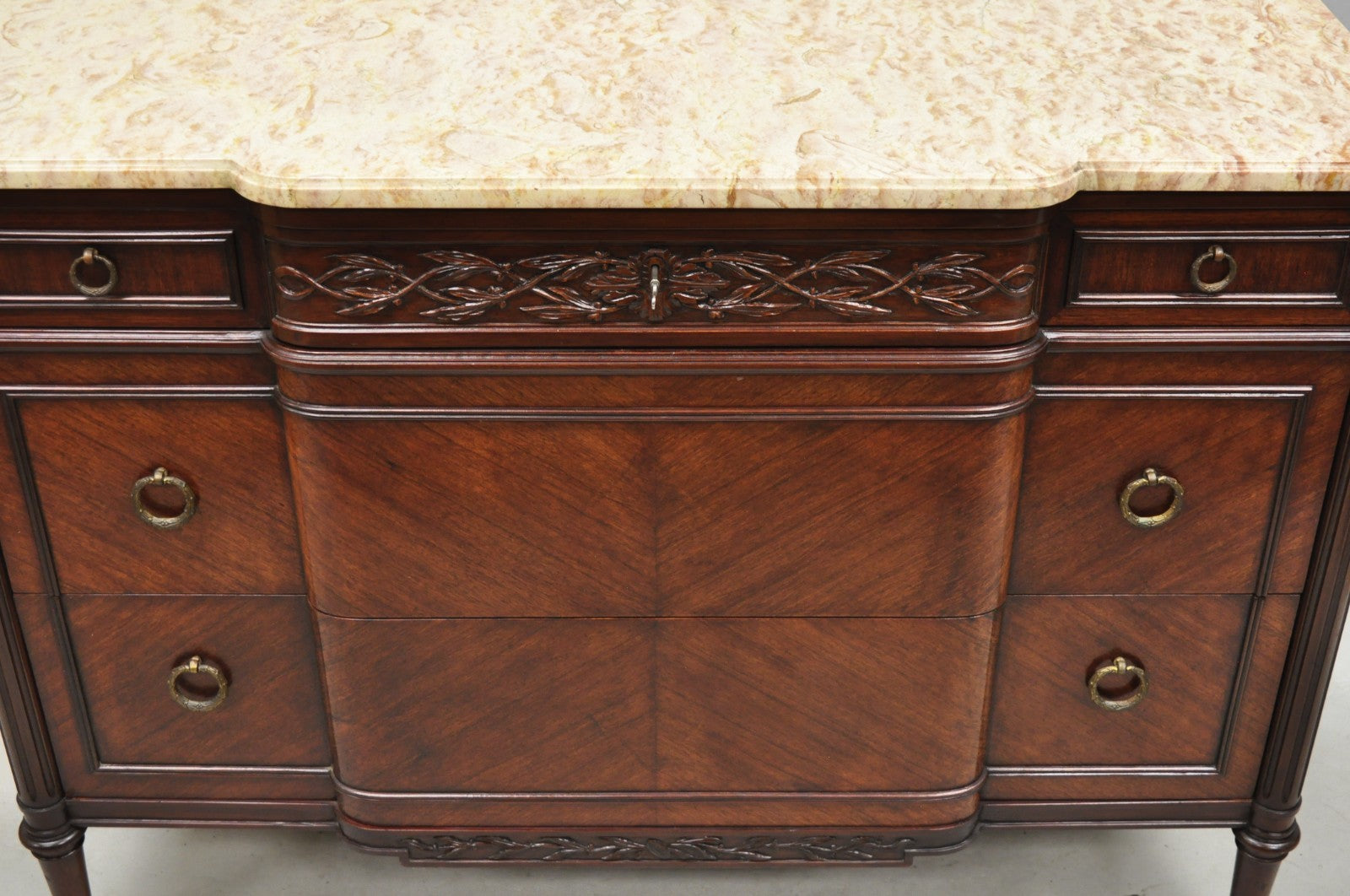 Antique French Louis XVI Maison Jansen Style Mahogany Marble Top Dresser Commode