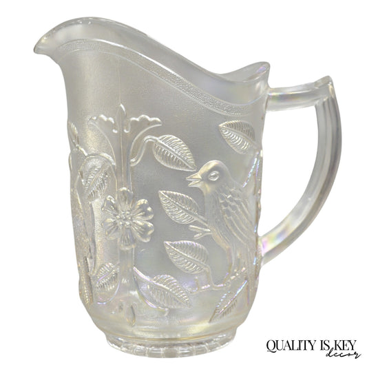 Vintage Imperial Carnival Glass Iridescent Frosty White Robins & Flowers Pitcher
