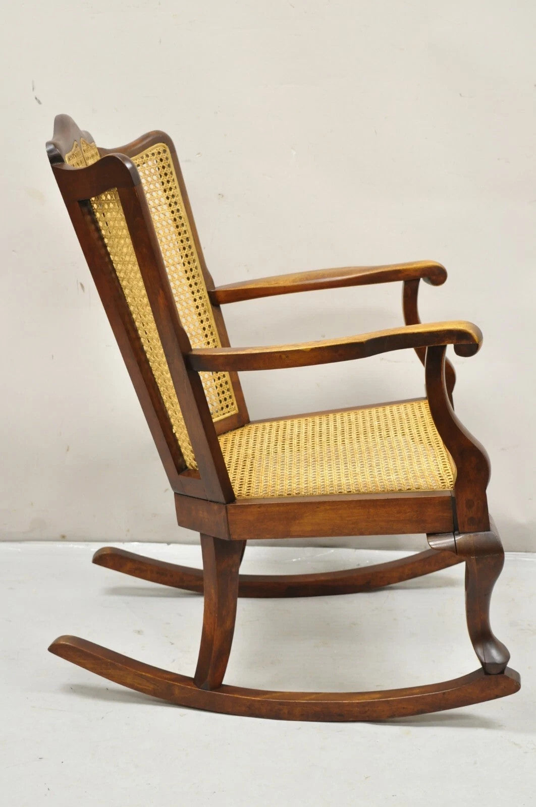 Antique Victorian Walnut and Cane Carved Rocker Rocking Chair w/ Queen Anne Legs