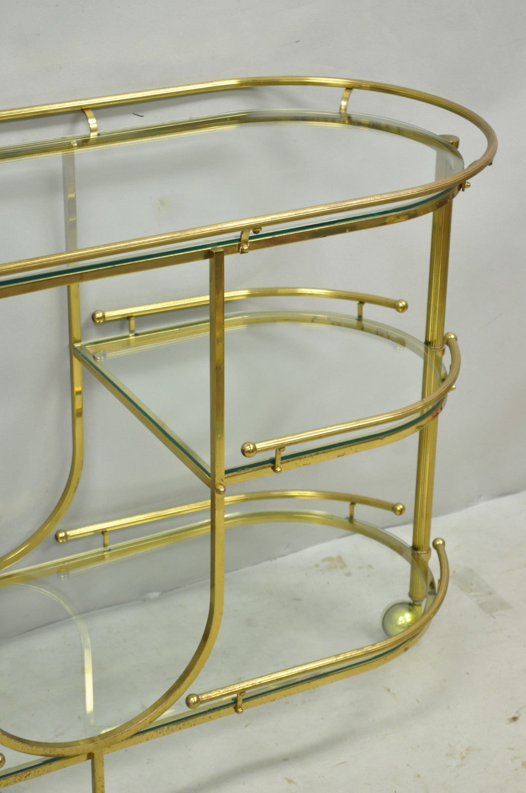 Vintage Mid Century Modern Brass 3 Tier Oval Frame Rolling Bar Cart Server Table