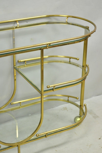 Vintage Mid Century Modern Brass 3 Tier Oval Frame Rolling Bar Cart Server Table