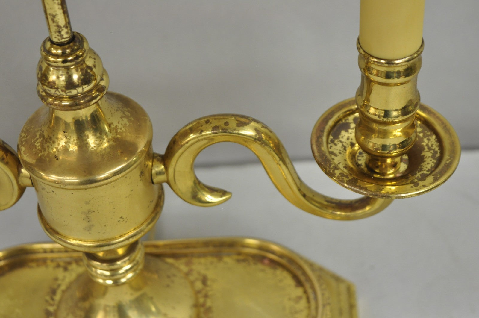 Vintage French Empire Style Brass Candlestick Bouillotte Desk Lamp w/ Tole Shade