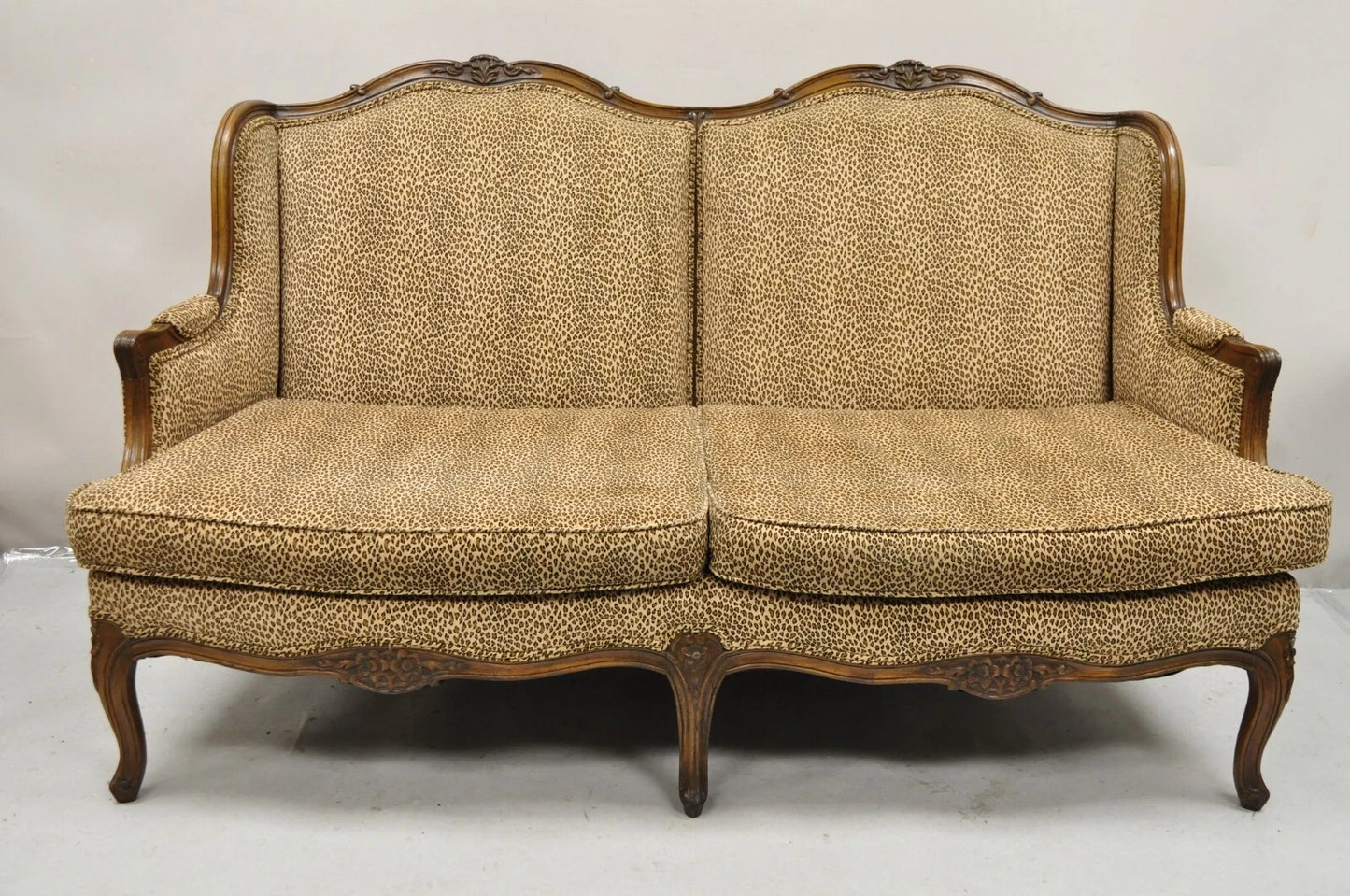 Vintage French Country Louis XV Carved Walnut Cheetah Print Wingback Sofa Settee