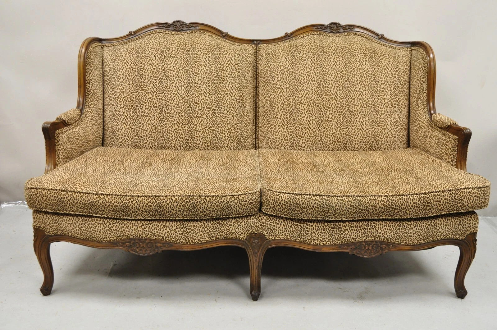 Vintage French Country Louis XV Carved Walnut Cheetah Print Wingback Sofa Settee