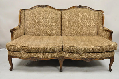 Vintage French Country Louis XV Carved Walnut Cheetah Print Wingback Sofa Settee