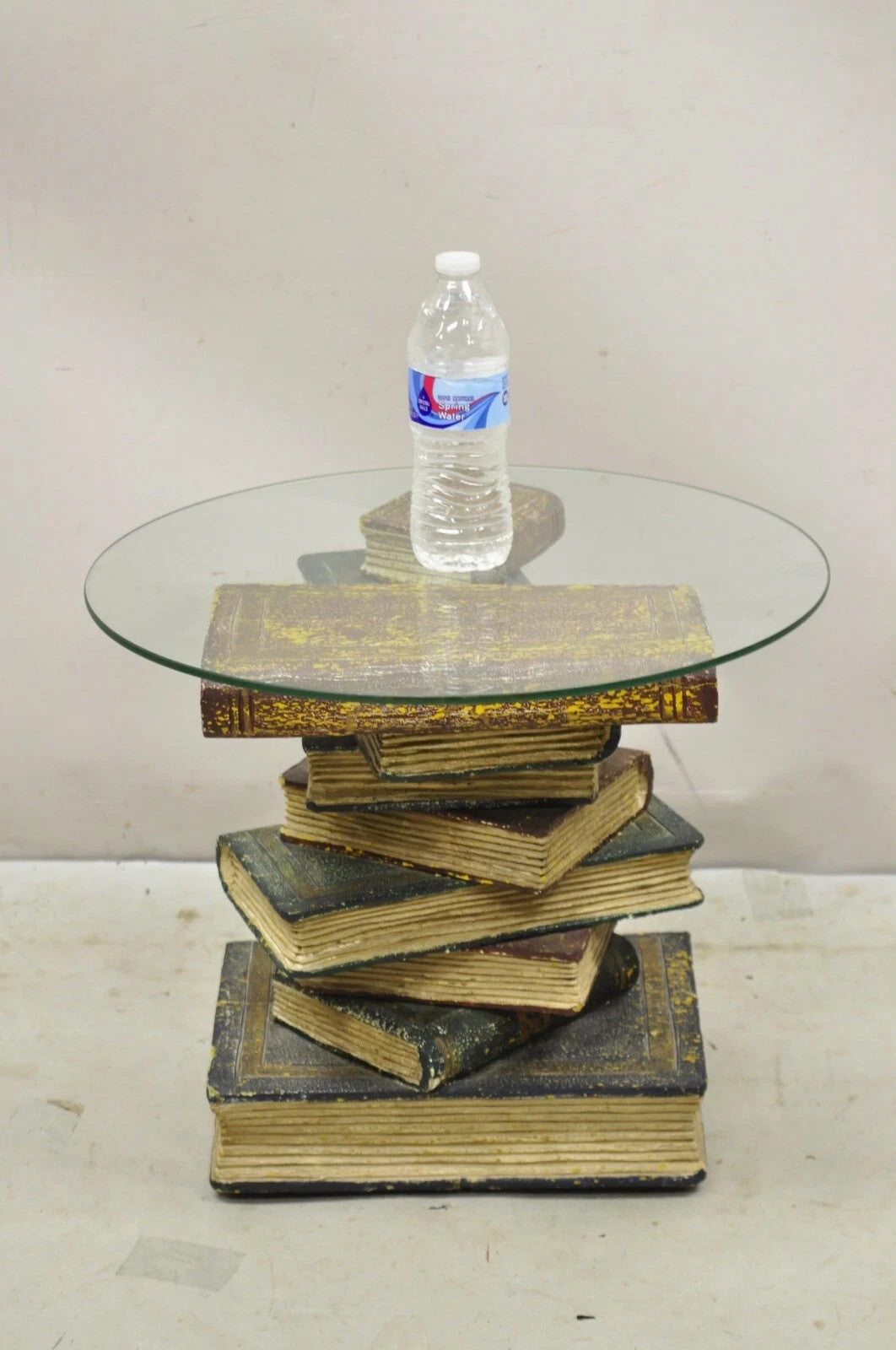 Vintage Regency Style Figural Faux Stacked Book Form Round Glass Top Side Table
