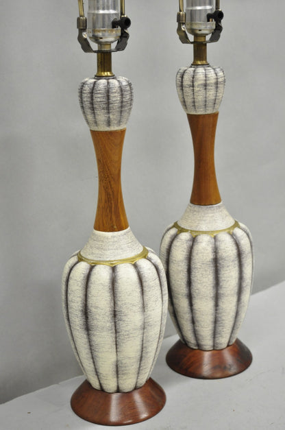 Vintage Mid Century Modern Walnut & Ceramic Small Sculptural Table Lamps - Pair