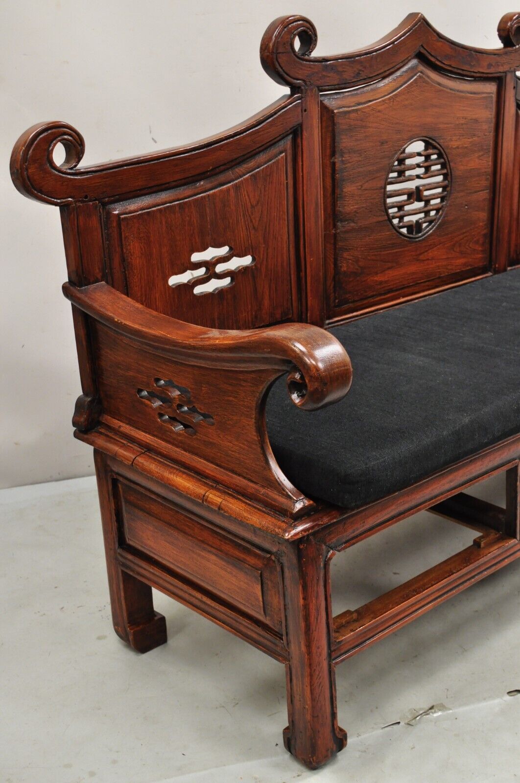 Vintage Chinese Mahogany Carved Wood Pagoda Sofa Hall Wedding Bench