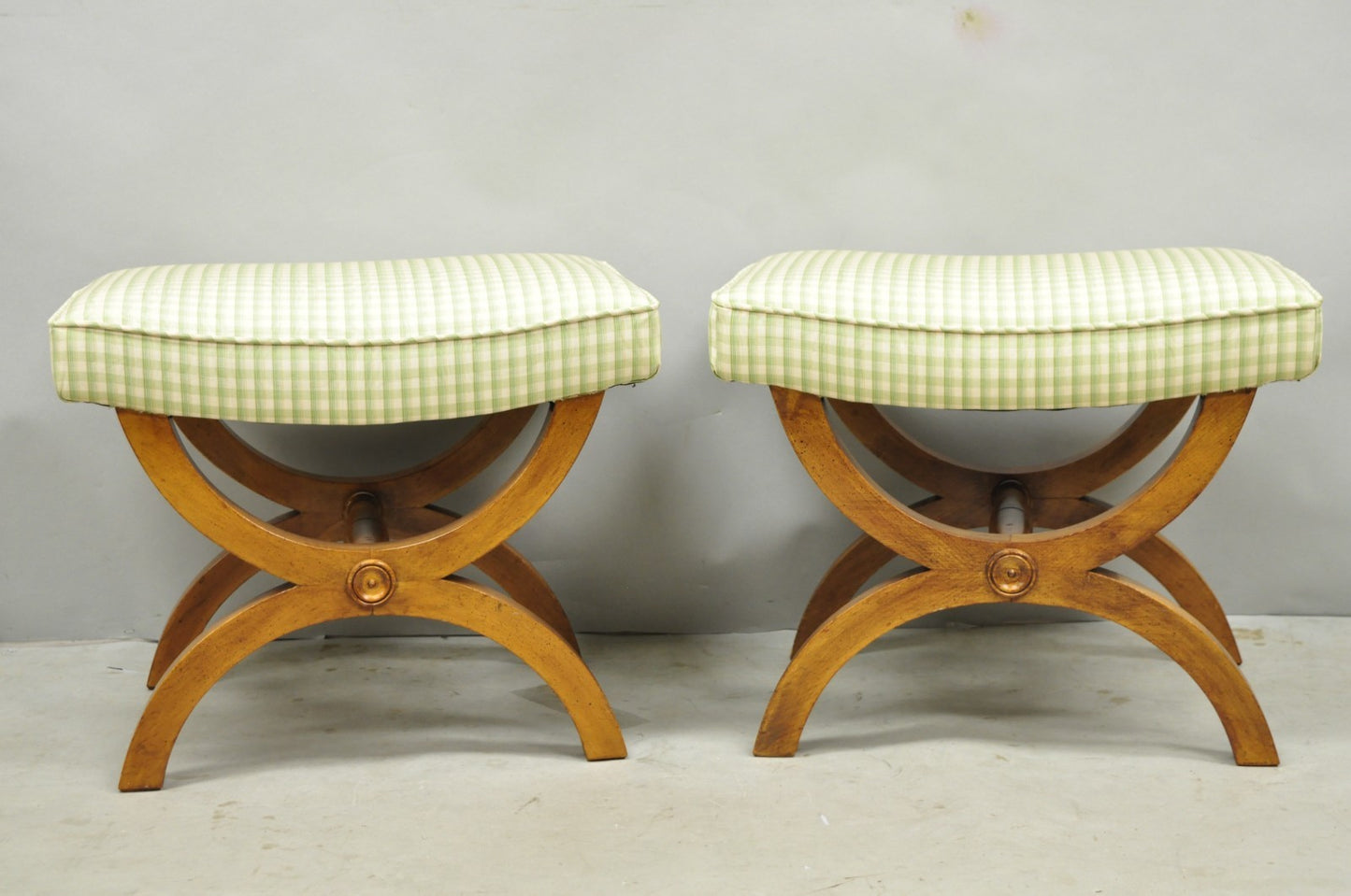 Vintage Italian Neoclassical Style Walnut Wood Curule X-Form Stool - a Pair